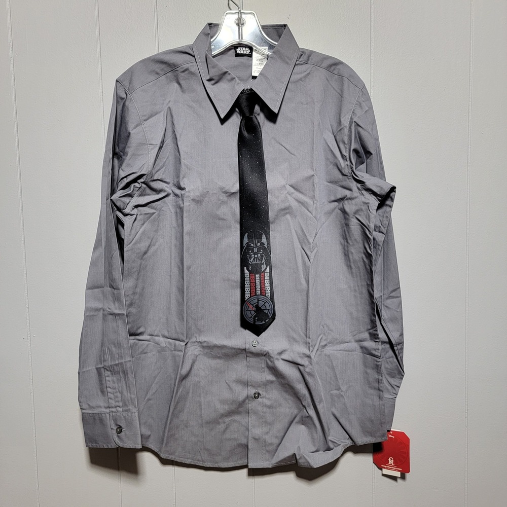 Star Wars Boys XL 18/20 Gray Dress Shirt & Darth Vader Clip-On Tie Set NWT